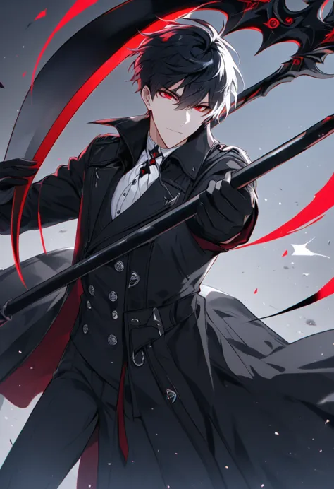 solo, handsome, 1 male, short hair, black hair, red eyes, white shirt, black trench coat, black gloves, silver scythe