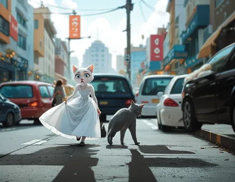 3d pixar animation style of a white cat with blue eyes and a gray tail lands from the sky to a girl`s head by surprise , she is ...