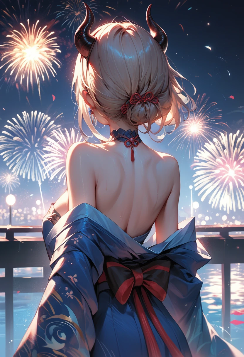 score_9, score_8_up, score_7_up, source_anime, from behind, solo, 1girl, mem-cho, facing away, fake horns, demon horns, japanese clothes, blue kimono, off shoulder, bare shoulders, fireworks
