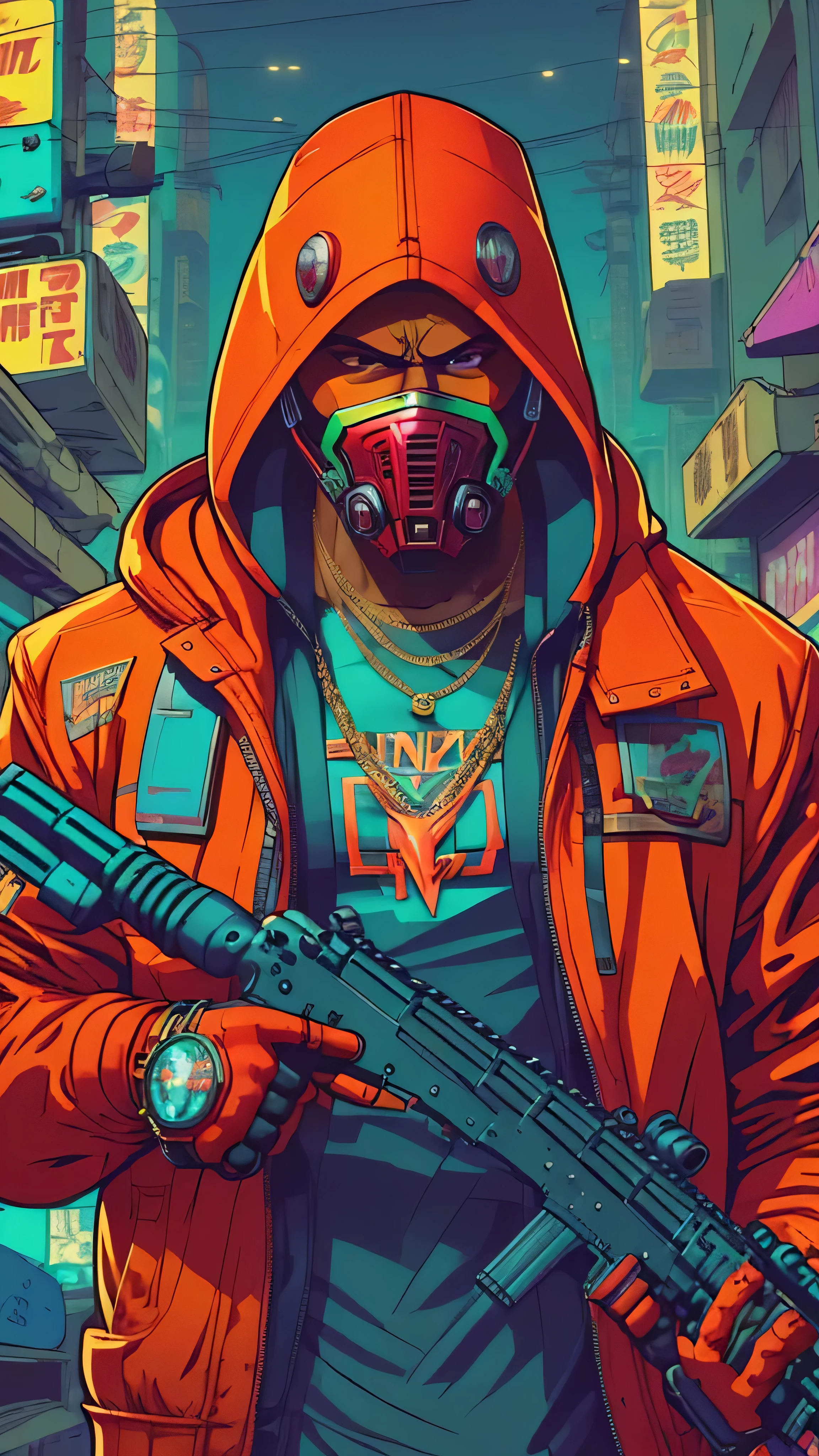 arafed man in a red jacket holding a gun and wearing a mask, cyberpunk street goon, cyberpunk 2 0 7 7 character art, cyberpunk soldier, cyberpunk assassin, cyberpunk character art, cyberpunk art 2077, cyberpunk character, cyberpunk dude, style of cyberpunk 2 0 7 7, hyper-realistic cyberpunk style, cyberpunk art style, cyberpunk hero, cyberpunk iron manGTA-style artwork ,(young people:1.5)Illustration, digital art, (GTA style:1.5),Art style of GTA, Art GTA bright colors, (cartoon style:1.2),(hyperdetail:1.15), glamorous style, best quality, holistic, high detail, serious,against a large  metropolis, ((neon lighting)), ((Cyberpunk)),soft light,satirical,exaggerated,pop artstyle,vibrant colors,iconic characters,action-packed,((The background is an orange red city:1)),sun, coconut trees