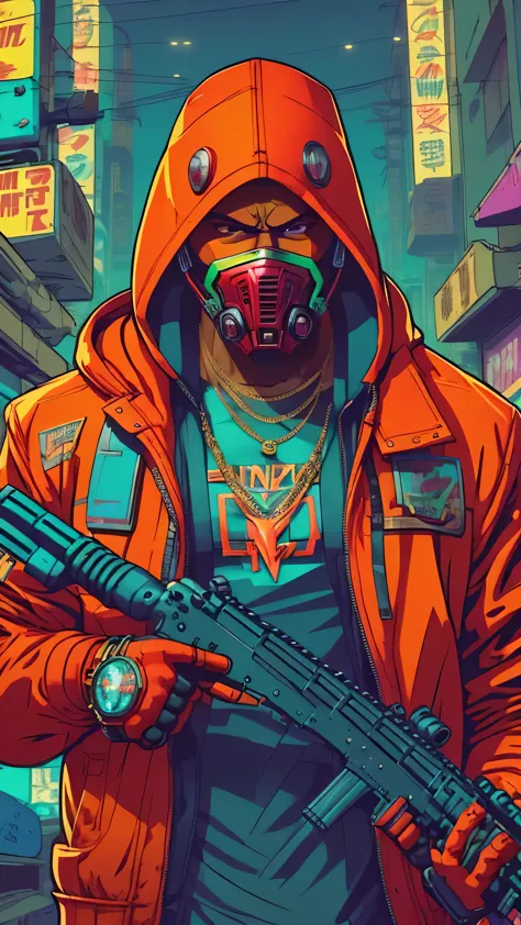 arafed man in a red jacket holding a gun and wearing a mask, cyberpunk street goon, cyberpunk 2 0 7 7 character art, cyberpunk s...