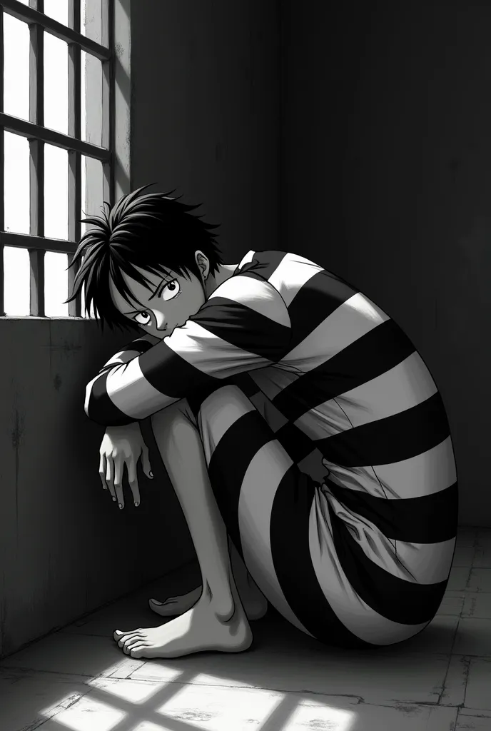 mono d. Luffy in a black and white striped long sleeved prison uniform with his body curled up inside a jail cell lying on the ground looking at the viewer.