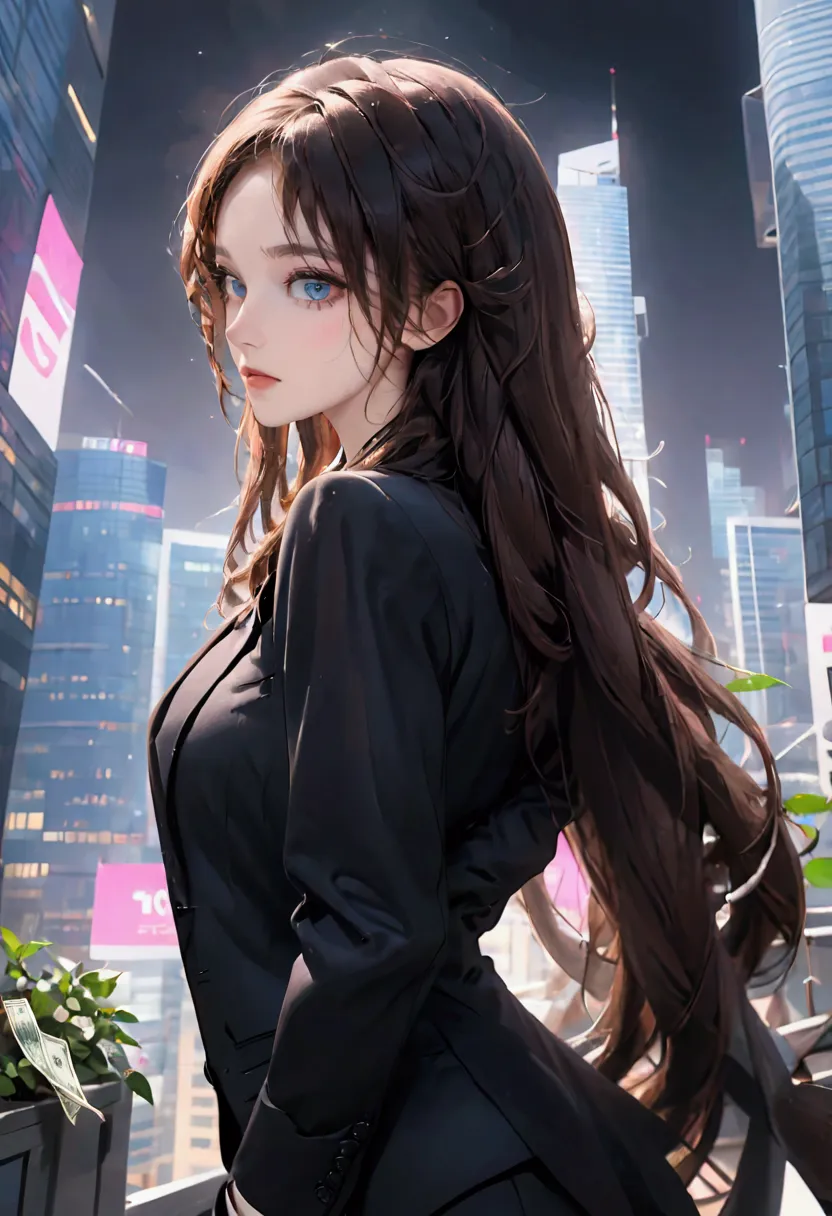 (highest quality)(1 female,single,very long hair,brown hair,blue eyes,fit ,black suit shirt,to the audience,skyscraper backgroun...