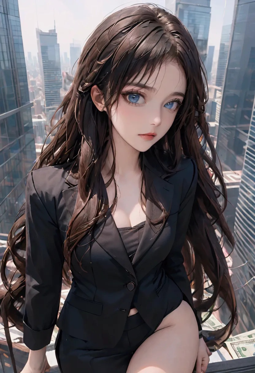 (highest quality)(1 female,single,very long hair,brown hair,blue eyes,fit ,black suit shirt,to the audience,skyscraper backgroun...