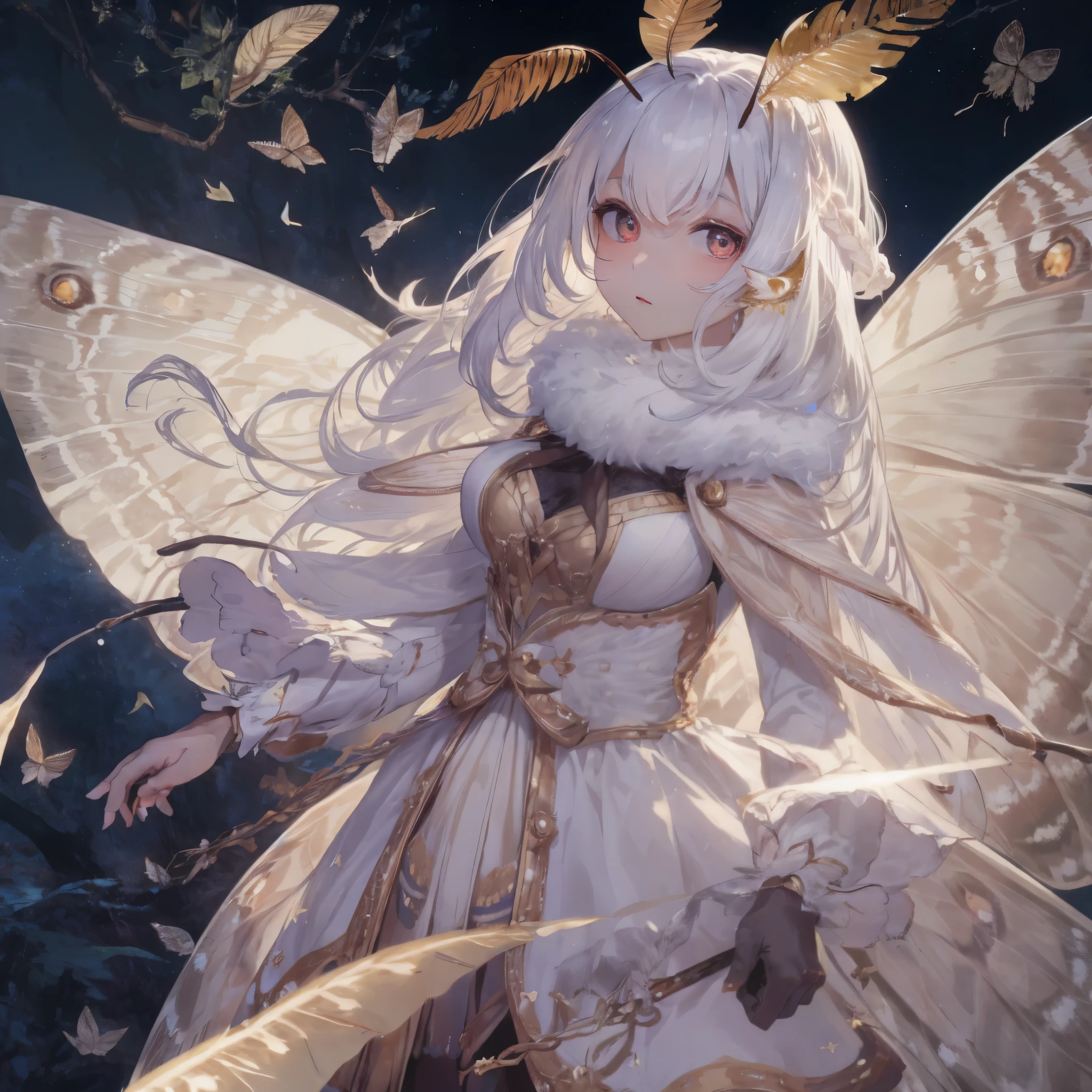 solo,1girl\(cute,kawaii,age of 12,skin color white,short white hair,(big moth wing hair:1.7),white dress\(beautiful race\),(2moth antennaes at hair:1.8),[moth wing on back:2.0],[moth wing on body:2.0],[moth wings:2.0],[extra arm:1.5],moth wing is only at hair,dynamic pose\), BREAK ,background\(dark night,beautiful moon,beautiful stars,((beautiful street lights))\), BREAK ,quality\(8k,wallpaper of extremely detailed CG unit, ​masterpiece,hight resolution,top-quality,top-quality real texture skin,hyper realisitic,increase the resolution,RAW photos,best qualtiy,highly detailed,the wallpaper,cinematic lighting,ray trace,golden ratio,\),(dynamic angle:1.3)