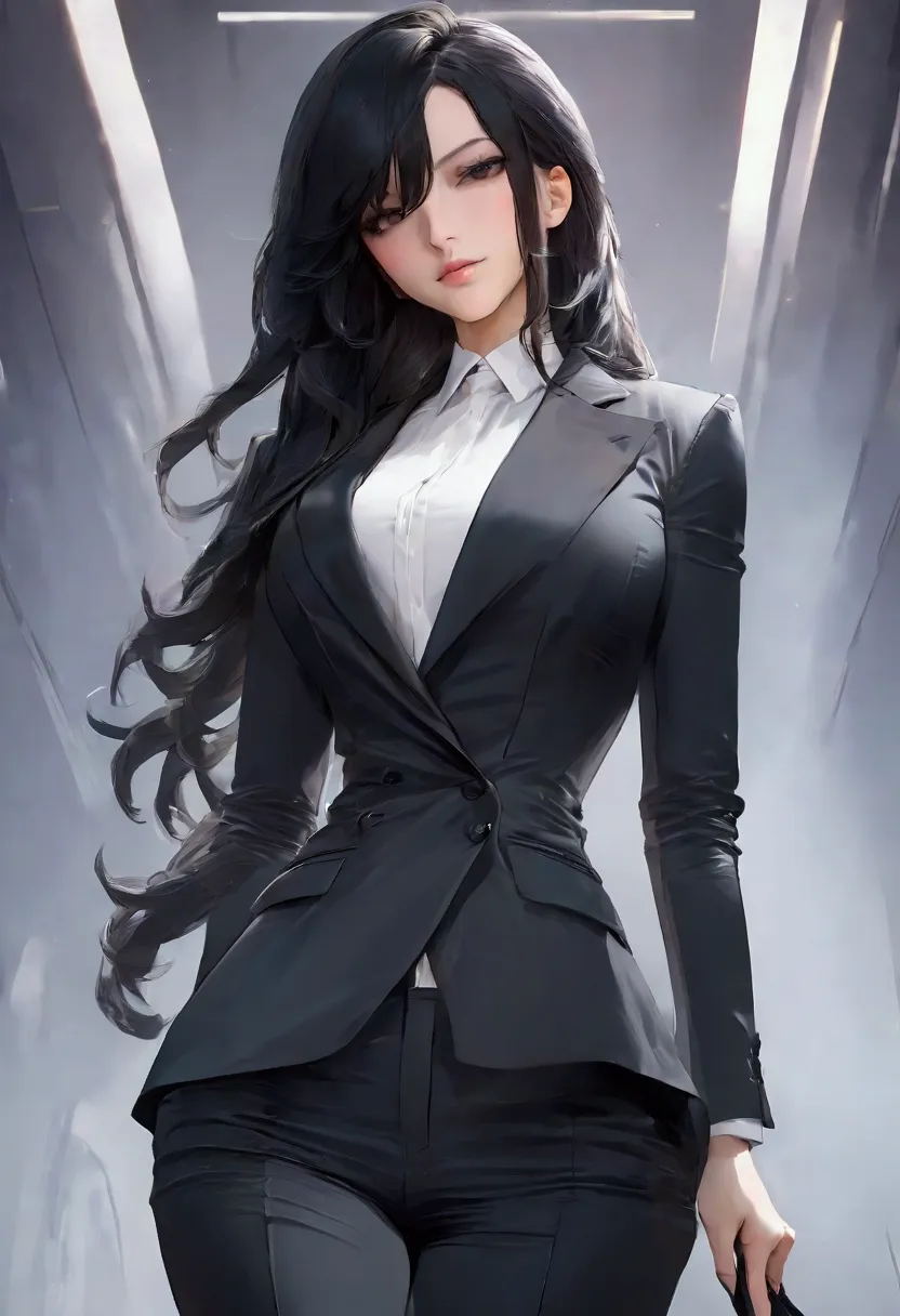 one girl， sexy,take a full body photo、hair is too long、hair down to the feet, black hair, black suit