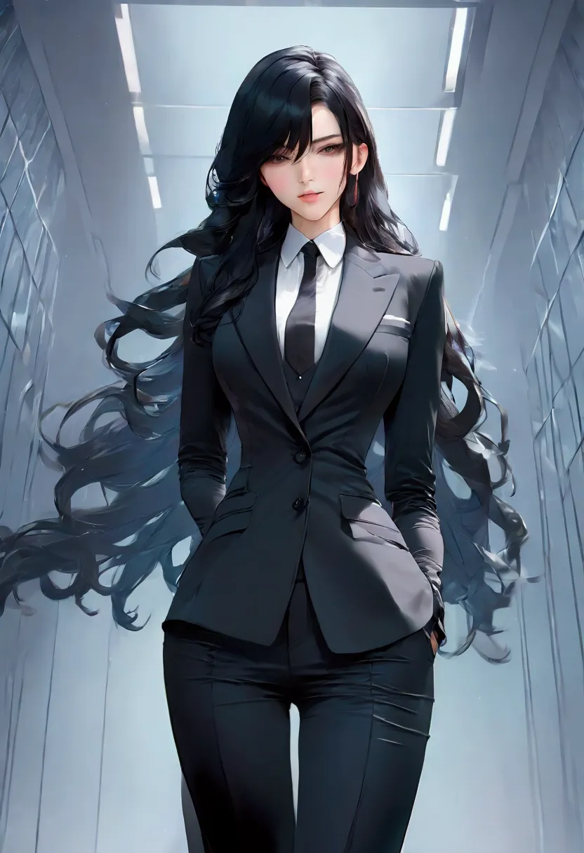 one girl， sexy,take a full body photo、hair is too long、hair down to the feet, black hair, black suit,hair longer than height