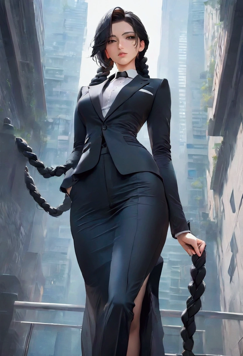 One girl， Sexy,Take a full body photo、Hair is too long、Braid, Hair down to the feet, Black Hair, Black suit