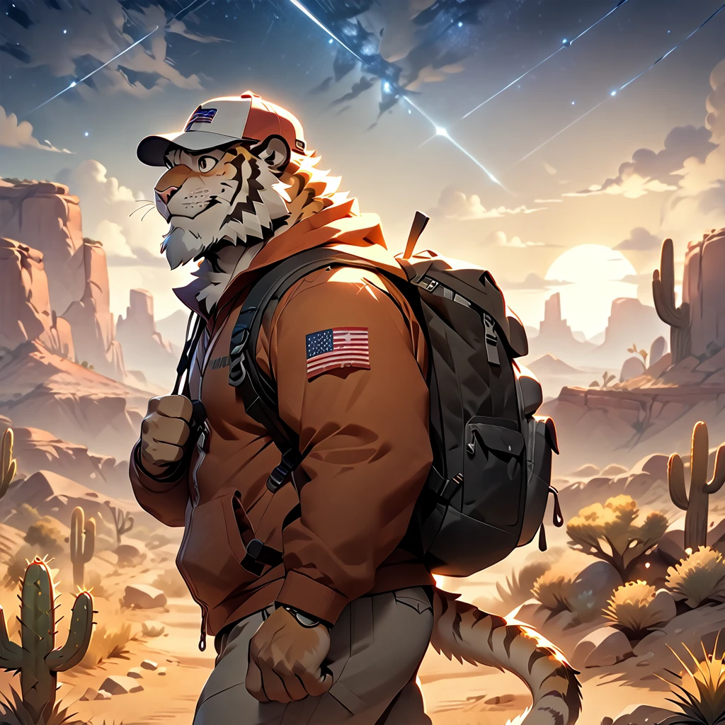 masterpiece, best quality, very aesthetic, absurdres, from side, looking away, american country, backpacker, plump middle-aged american tiger man, fluffy body, brown eyes, beautiful beard, male face, big face, square jawline, male eyes, sharp eyes, big eyes, male eyebrows, innocent look, happy, little smile, backpack, baseball cap, sneaker, standing, desert hiking, dynamic pose, BREAK night sky, desert, highway, cactu, outdoor,