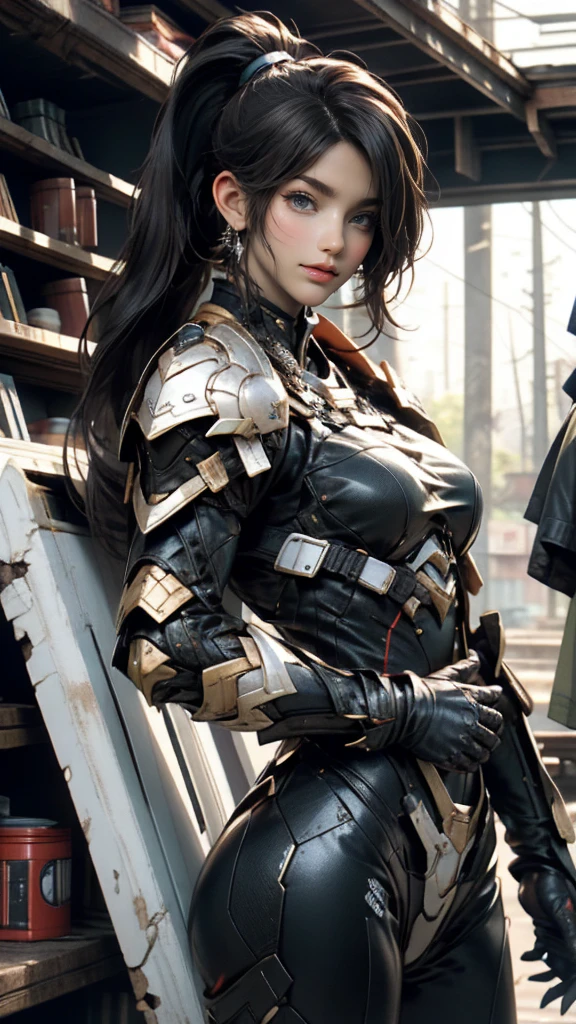 Highest quality、8k、masterpiece、Ultra-high resolution、Photorealistic、Realistic、Telephoto compression effect、1Girl、Dark Eyes、High school girls、no makeup、Delicate eyes、Kind eyes、Double eyelids、smile、side up、Black Hair、Big Breasts、Black protective suit,SteeleBODY Armor,Heavy Armor,long ponytail,battlefield、ruins、Aiming with an anti-material rifle、