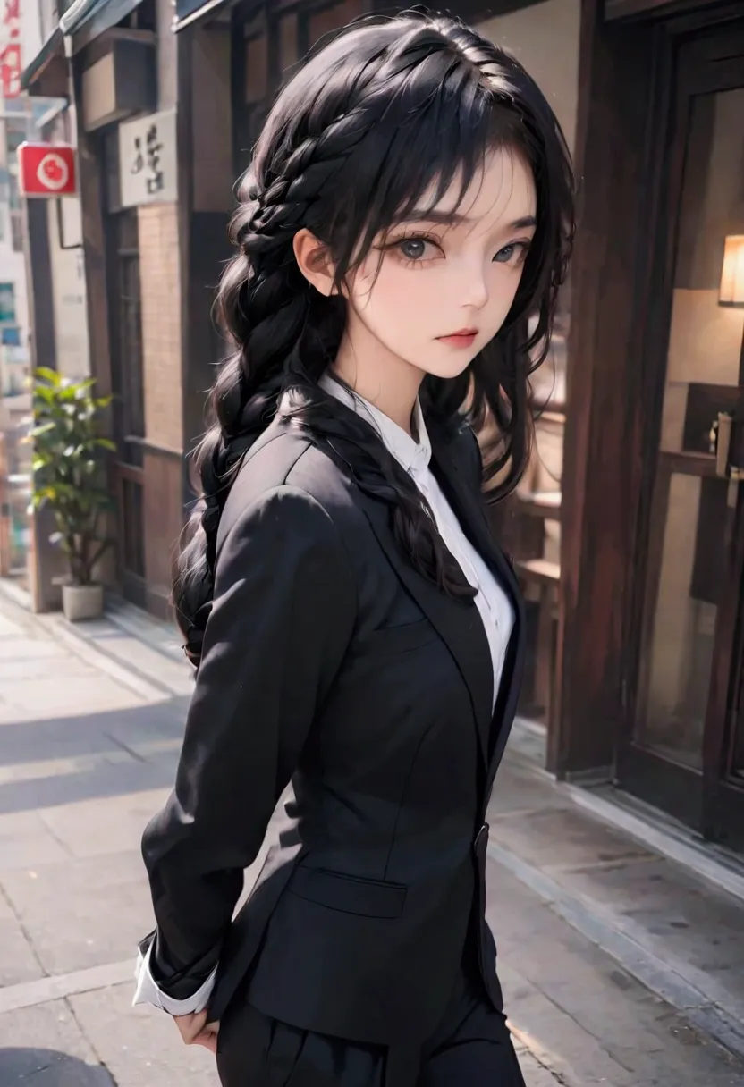 one girl，take a full body photo、hair is too long、braid, hair down to the feet, black hair, black suit