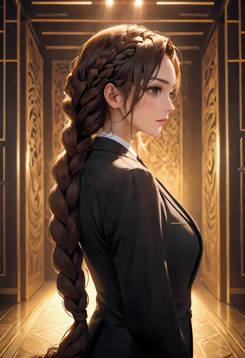 a woman with brown hair is braiding her hair, reveal the suit. wearing a full-length black suit, too long hair