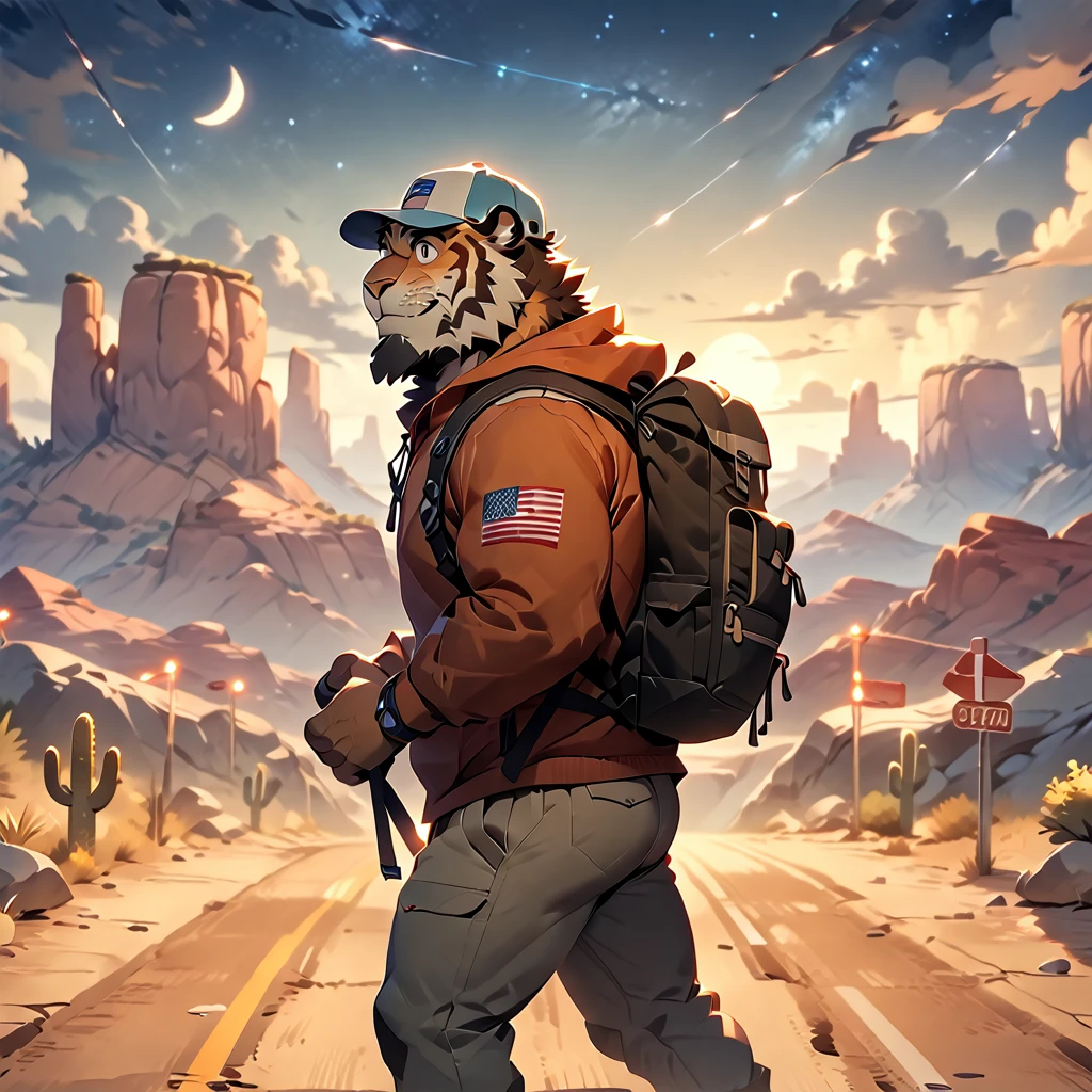 masterpiece, best quality, very aesthetic, absurdres, from side, looking away, american country, backpacker, plump middle-aged american tiger man, fluffy body, brown eyes, beautiful beard, male face, big face, square jawline, male eyes, sharp eyes, big eyes, male eyebrows, innocent look, happy, little smile, backpack, baseball cap, sneaker, standing, hiking, dynamic pose, BREAK night sky,  highway, desert, cactu, outdoor,