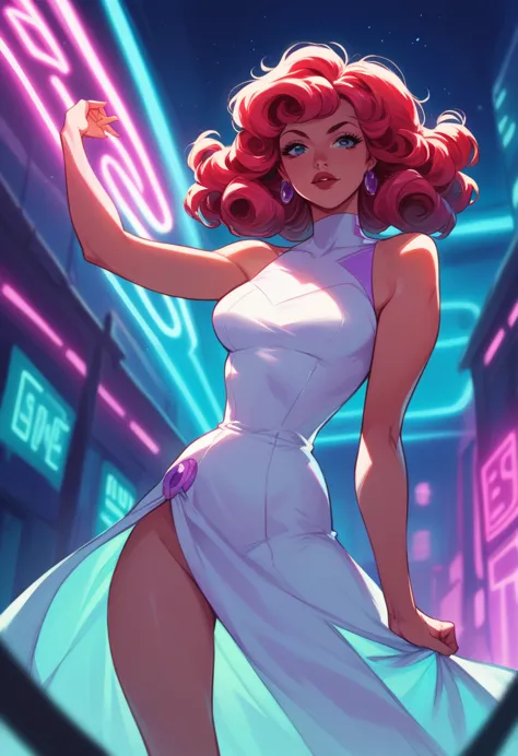 red hair . beautiful woman with curly hair and wearing white full-size dress - futuristic 80s style, neon at night purple neon g...