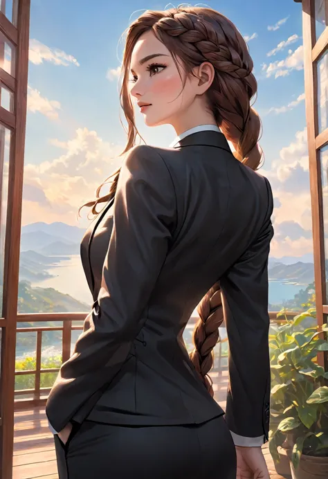 a woman with brown hair is braiding her hair, reveal the suit. wearing a full-length black suit, standing with a beautiful view ...