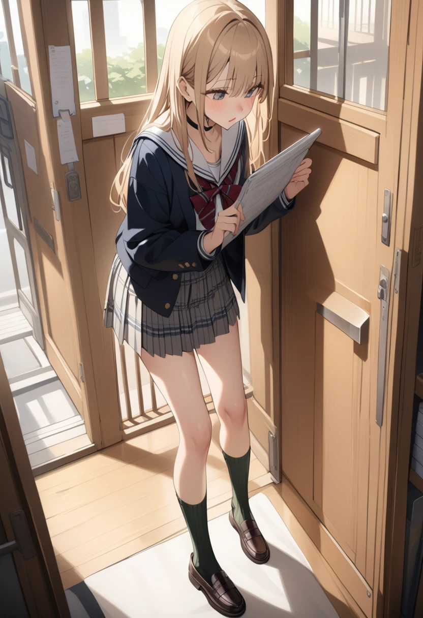 Browsing Caution,Browsing Caution. (masterpiece, Highest quality, so beautiful, Very detailed), Intricate details, blonde, Black choker, Browsing Caution,Japanese schoolgirl.Ribbed High Socks。cheeky young lady.High School Uniform.I was abandoned in front of the school gate with my wet pussy exposed..