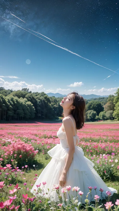 there is a girl standing in a flower field looking up at the sky, a girl standing in a flower field, a girl walking in a flower ...