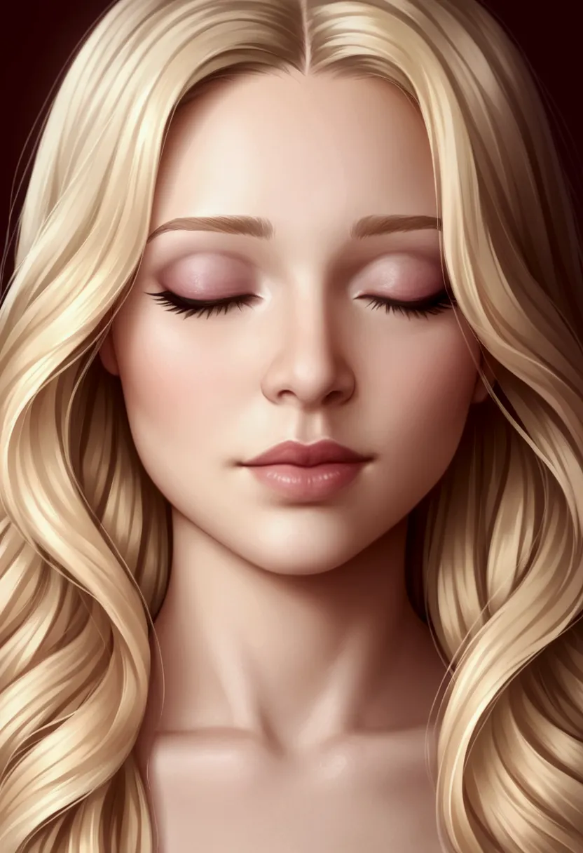 an adult girl, long blonde, straight haired,  beautiful face and eye, closed eyes, severed head, head separate from body, neck c...