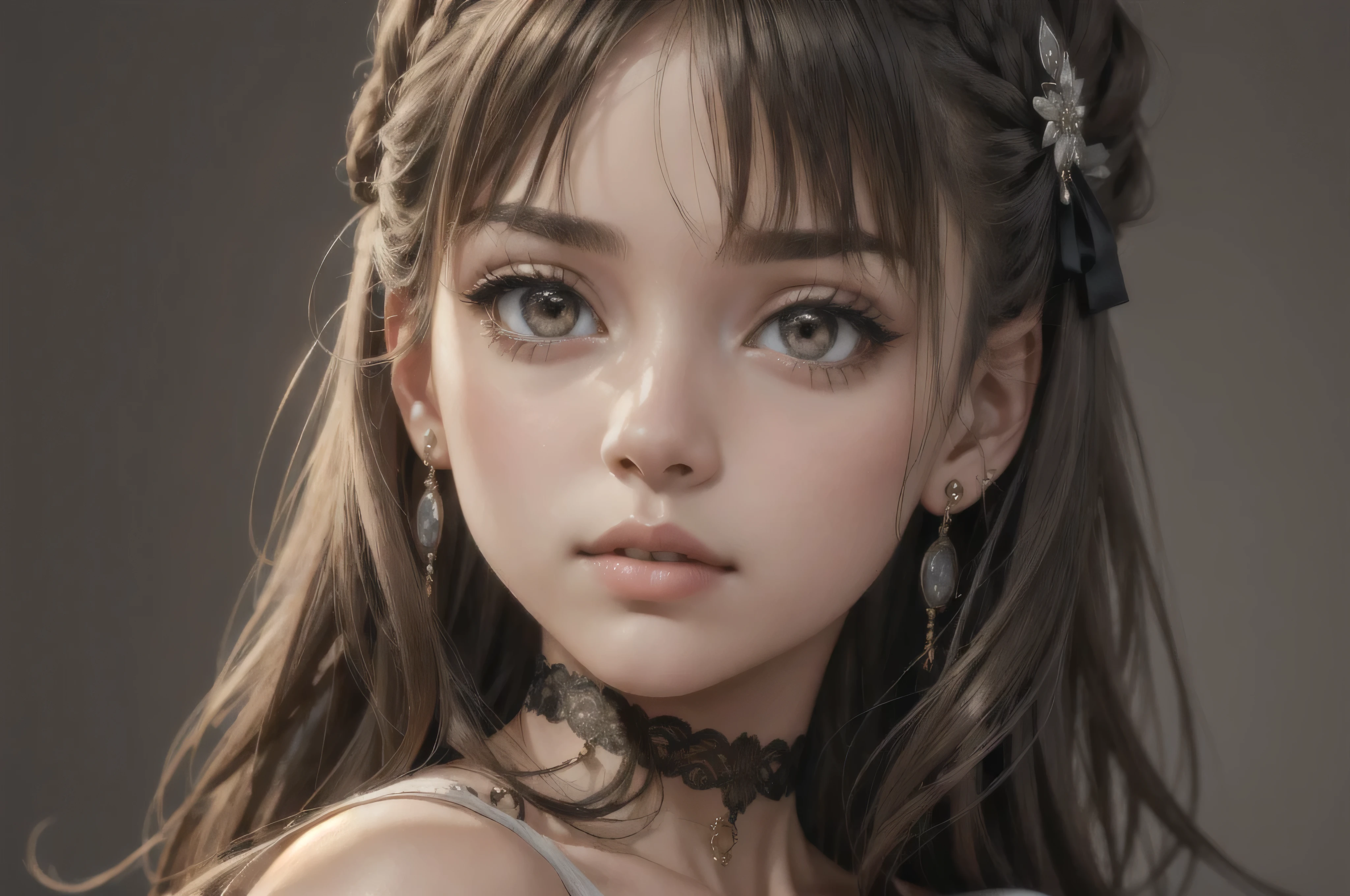 cute, ultra-detailed, illustration full body, intricate, detailed, extremely detailed, detailed face, soft lighting, soft light, soft focus, perfect face, beautiful, accurate anatomy, overexposure, 8k, 4k, (highres:1.1), best quality, (masterpiece:1.3), 1girl, solo, jewelry, brown eyes, looking at viewer, earrings, grey hair, bangs, choker, closed mouth, portrait, hair ornament, simple background, grey background, long hair, head rest, lips, hair bow, black choker, bow, eyelashes