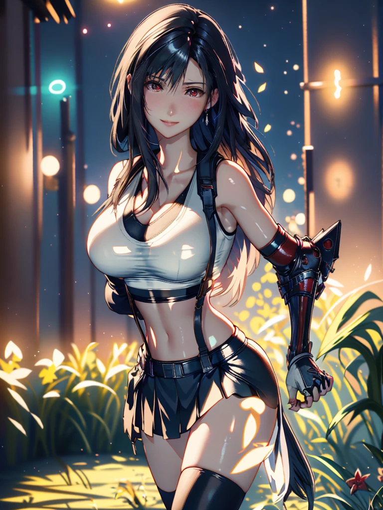 (8ｋ, highest quality, MASTERPIECE:1.2), (photorealistic:1.3), Super Detailed, girl 1 person, mature, solo, (Tifa Lockheart:1.2), (big chest), (giant breasts), (((huge lift clothes to show bra))), (((black bra))), (beautiful red eyes), (smiling:1.2), (Closed), erotic pose, dance, neon lights, street scenery, Depth Of Field, Dark and strong shadows, Sharp focus, auto, motion blur, bike, Depth Of Field, composition, Glowing green light, Final Fantasy VII, (nose blush), Single Elbow Pad, Ankle Boots, dark black hair, toned thighs, red boots, Elbow Gloves, Elbow pads, Fingerless Gloves, Taut Shirt, sports bra, (suspenders), (Black Skirt), tights, white tank top, All over body, head rest, Lips, delicate facial structure, Low Tie Long Hair, (red_Ojo), Yellow flowers, (night:1.3), Complex, Bokeh, Cinematic Lighting, Photon mapping, Radiosity, physically based rendering, NSFW, Perfect Breasts