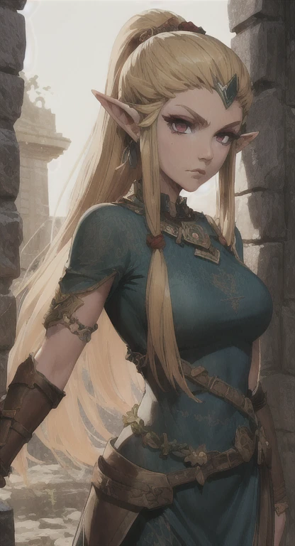 Ancient Hylian, Devine heroine, princess Hylia, blonde, red eyes, glaring at viewer, ancient Devine armor, long messy hair, ancient Hyrule, medieval Town, 