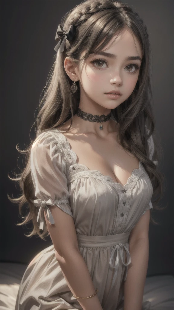 cute, ultra-detailed, illustration full body, intricate, detailed, extremely detailed, detailed face, soft lighting, soft light, soft focus, perfect face, beautiful, accurate anatomy, overexposure, 8k, 4k, (highres:1.1), best quality, (masterpiece:1.3), 1girl, solo, jewelry, brown eyes, looking at viewer, earrings, grey hair, bangs, choker, closed mouth, portrait, hair ornament, simple background, grey background, long hair, head rest, lips, hair bow, black choker, bow, eyelashes