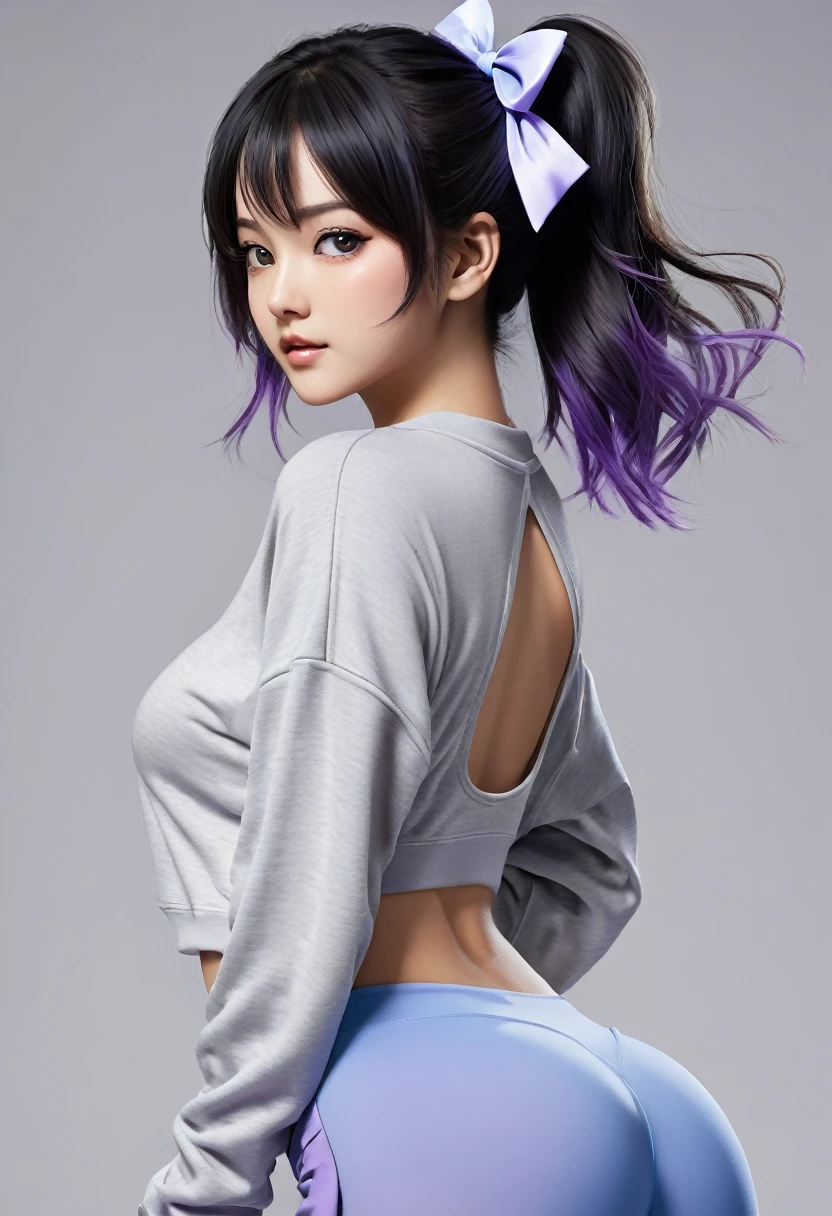 Shinobu kochou, realistic, Create a vibrant illustration of a confident character with short, tousled black hair featuring purple tips and a playful bow on top. She has large, expressive purple eyes that radiate friendliness and energy. Dress her in a cropped gray long-sleeve sweatshirt with wide cuffs, showcasing an open back that reveals a hint of skin. Below, she wears form-fitting light blue leggings that accentuate her curves. Position her in a dynamic profile, looking over her shoulder to suggest confidence and attitude. Use a soft color palette of grays and light blues for a modern contrast, incorporating realistic textures and dramatic lighting. Set against an urban backdrop to evoke a lively, everyday atmosphere.