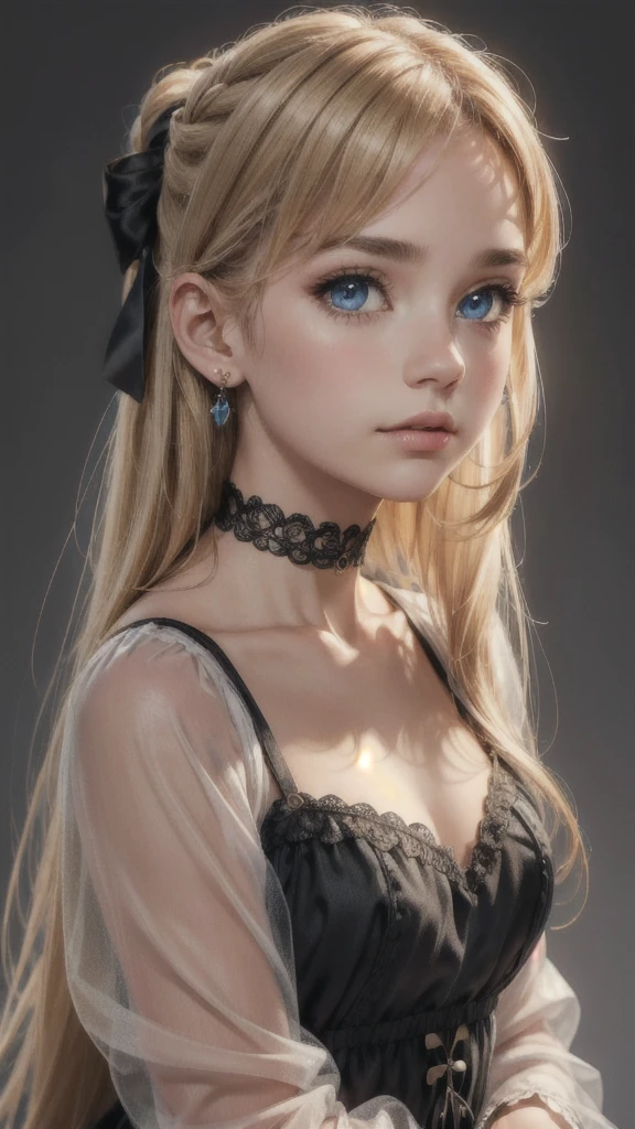 cute, ultra-detailed, illustration full body, intricate, detailed, extremely detailed, detailed face, soft lighting, soft light, soft focus, perfect face, beautiful, accurate anatomy, overexposure, 8k, 4k, (highres:1.1), best quality, (masterpiece:1.3), 1girl, solo, jewelry, blue eyes, looking at viewer, earrings, blonde hair, bangs, choker, closed mouth, portrait, hair ornament, simple background, grey background, long hair, head rest, lips, hair bow, black choker, bow, eyelashes