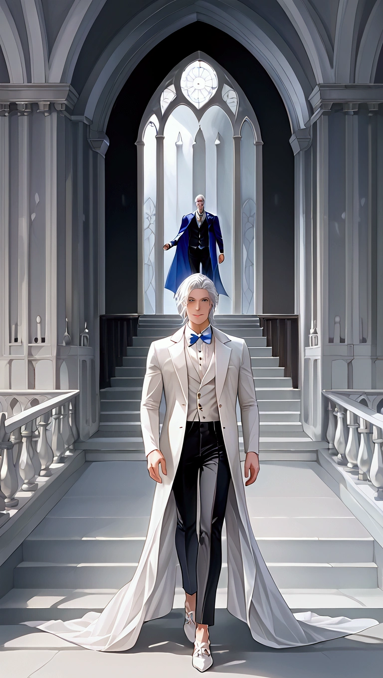 ptn,detailed face,Beautiful man, strong physique, white colored social blouse, long black pants, white colored social shoes, white hair in ponytail, silver colored eyes, slender appearance, elegant, with outstretched arms, light blue bow tie, smiling look, old castle scenery, walking.