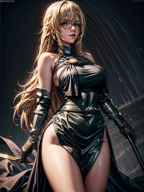 1girl, jeanne d'arc (fate),  glasses,, (blonde hair:1.4), long hair, (green eyes), (medium breasts:1.2), thicc thighs, curvy hip...