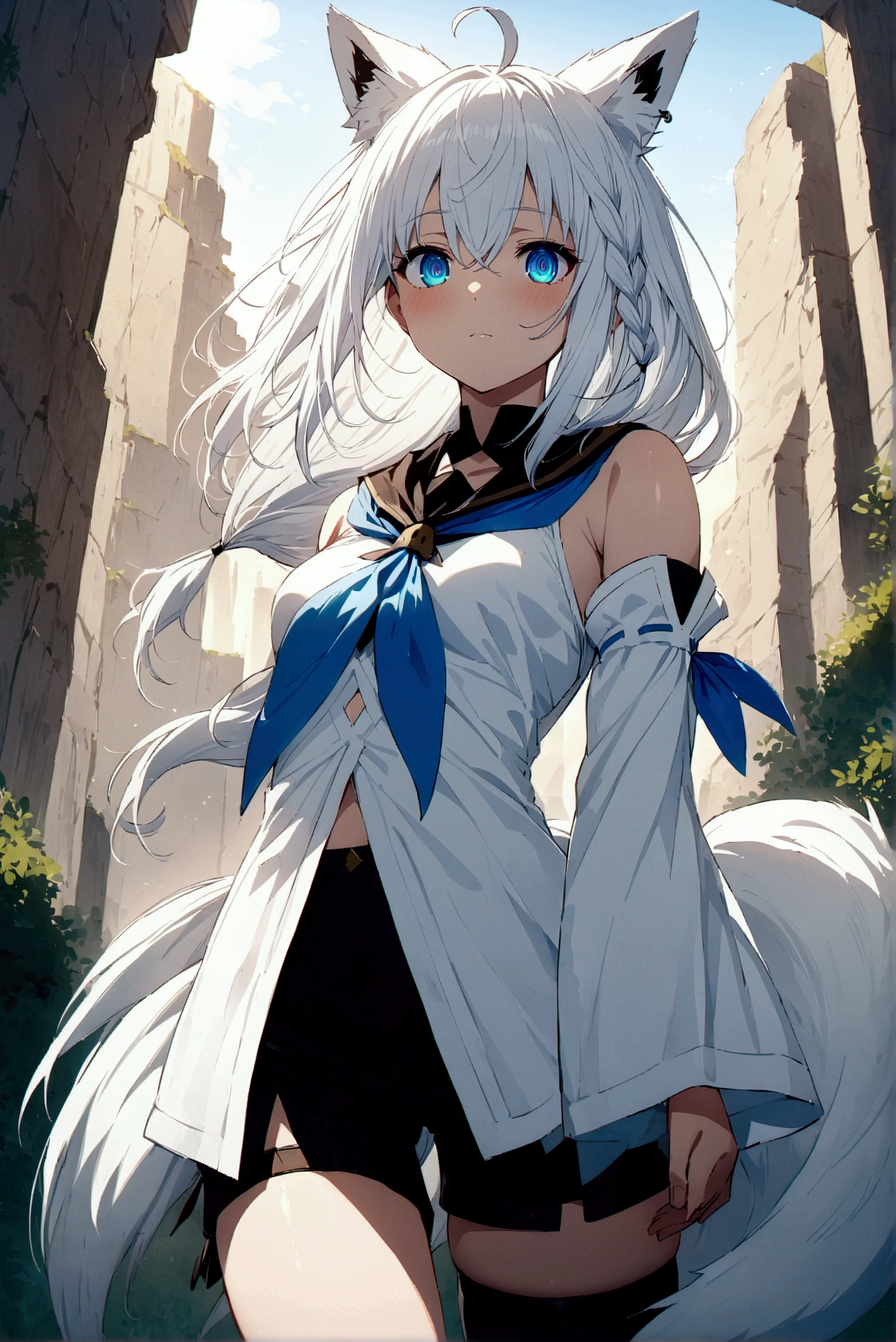 masterpiece, Best Quality, Anime, Highly detailed face, Highly detailed eyes, Highly detailed background, Perfect Lighting, fubuki_base, white blouse, detached sleeves, black shorts, blue neckerchief, thigh strap, single thighhigh, white hair, single side braid, ahoge, piercing, fox tail