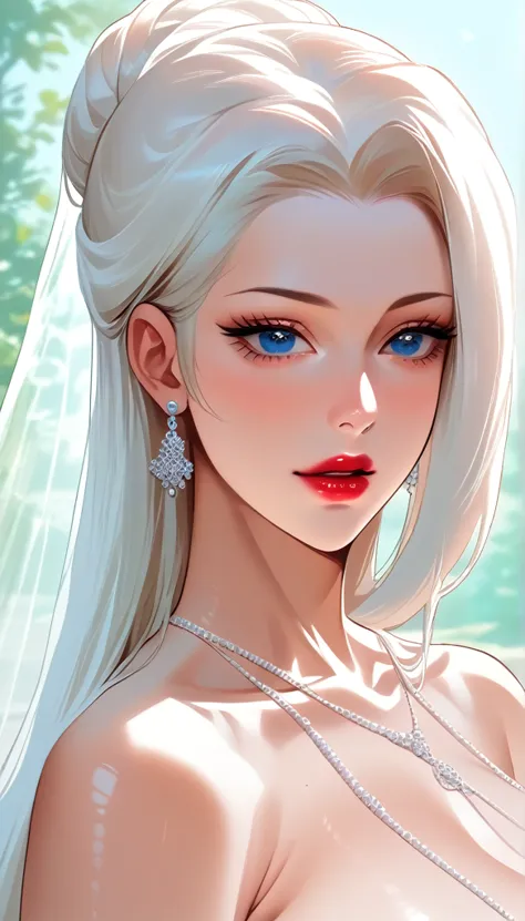 hot beautiful mei ,red lipstick,big long bead earrings, huge saggy breasts  ,  white  long hair bun ,blue eyes, detailed eyes, w...