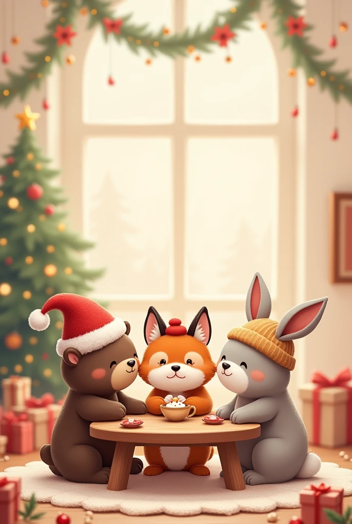 A cozy Cocoa-style ebook cover with a Christmas theme featuring cute animals. There is a cute bear in a Santa hat, a cute fox in a reindeer hat, and a cute rabbit in a winter hat. They are sitting in a cozy room with a wooden table, and there are Christmas decorations around them. The background is a soft beige color. Cozy stile