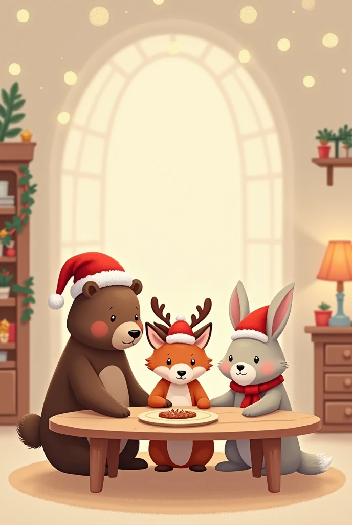 A cozy Cocoa-style ebook cover with a Christmas theme featuring cute animals. There is a cute bear in a Santa hat, a cute fox in a reindeer hat, and a cute rabbit in a winter hat. They are sitting in a cozy room with a wooden table, and there are Christmas decorations around them. The background is a soft beige color. Cozy stile