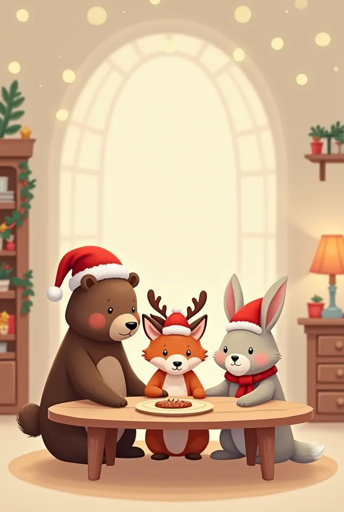 A cozy Cocoa-style ebook cover with a Christmas theme featuring cute animals. There is a cute bear in a Santa hat, a cute fox in a reindeer hat, and a cute rabbit in a winter hat. They are sitting in a cozy room with a wooden table, and there are Christmas decorations around them. The background is a soft beige color. Cozy stile