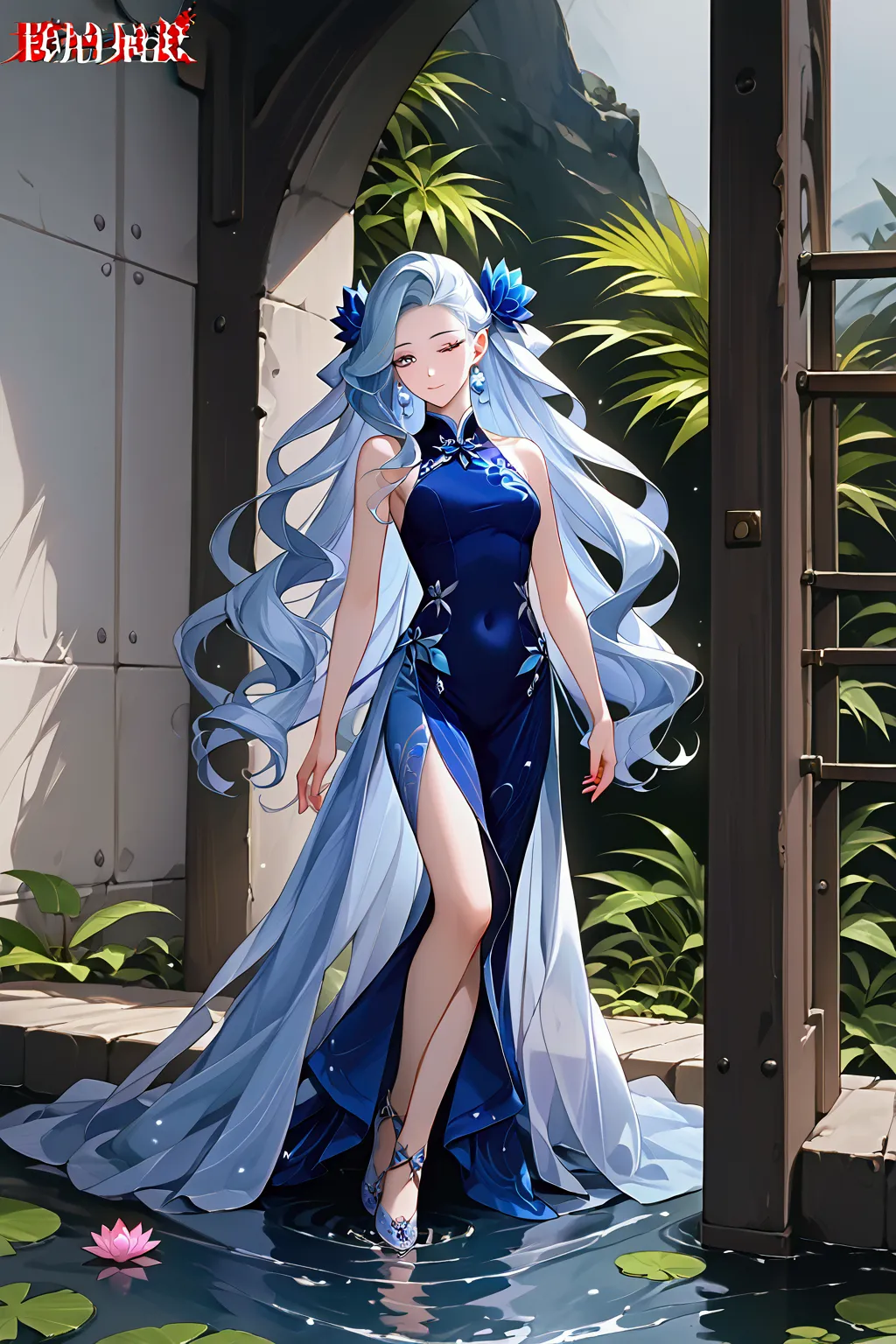 ptn,ptn,official art,game cg,(1girl:1.3),,close-up of a woman,detailed face,there is a blue dress,, a woman sitting on a rock in...