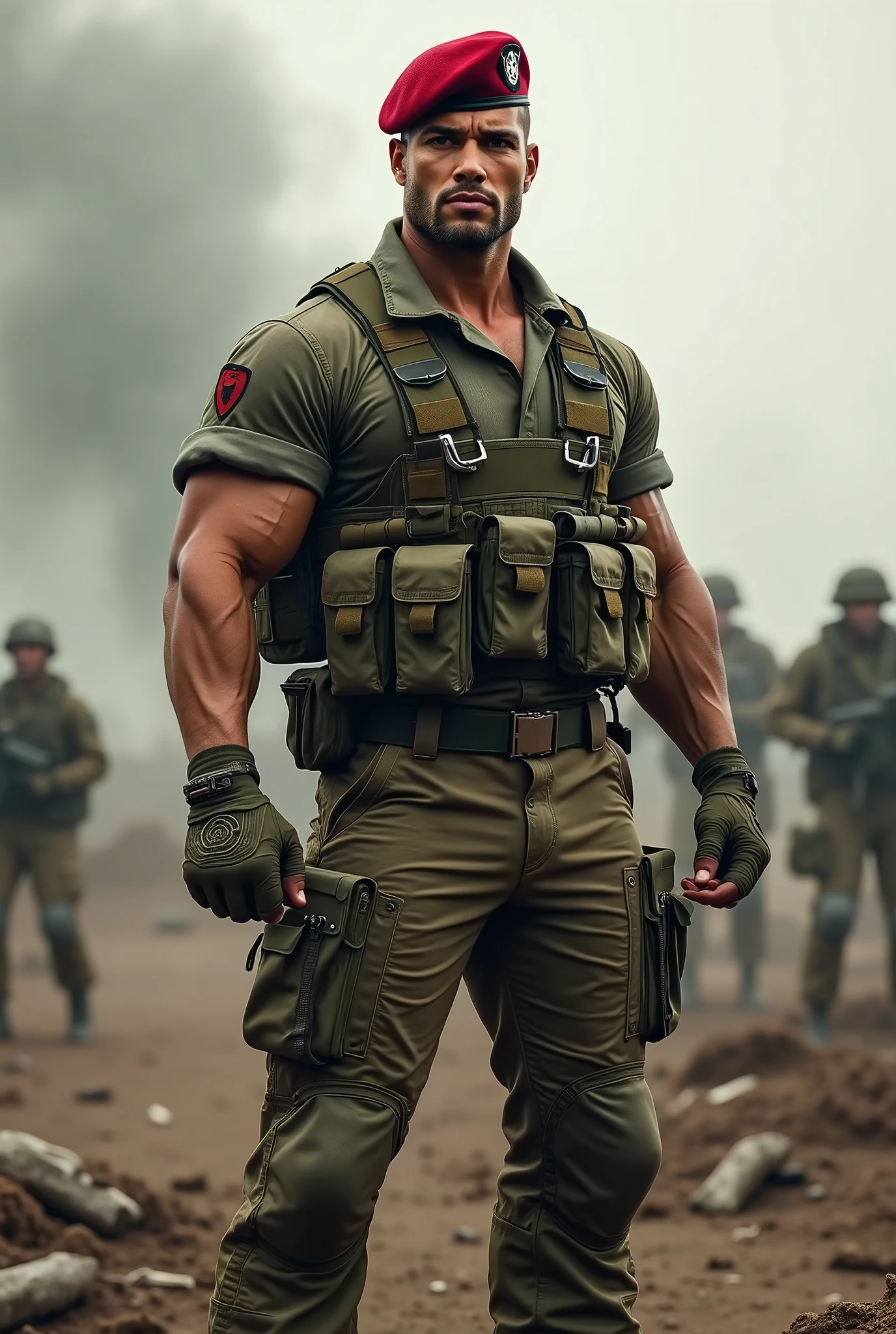 A very handsome big muscular man wearing a soldier combar uniform, with tactical gloves and paratroopers red beret, rolled up sleeves, showing biceps, background a battlefield