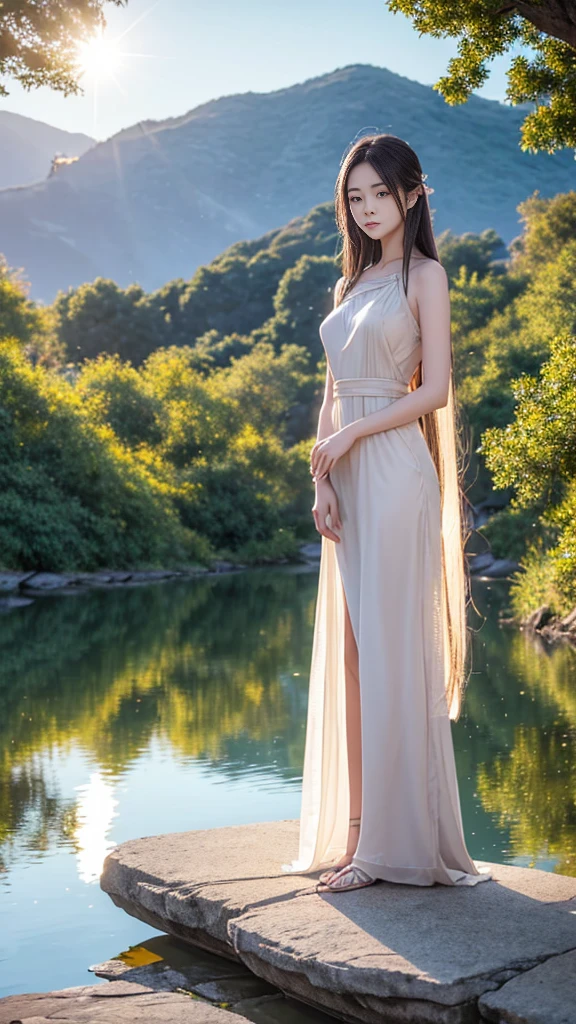 1 girl, Calm expression, Charming eyes, Long straight hair, Flowing dress, Maintain a balanced posture, Leaning on the rocks by the lake，Porcelain skin, faint blush, Crystal PendantBREAK Golden Hour, (Edge lighting):1.2, Warm colors, Flare, Soft shadows, Vibrant colors, Painting effect, A lake with a dreamy atmosphere, Mountains in the distance, willow, Calm Water, reflection, Sun shining clouds, Peaceful atmosphere, Idyllic sunset, Ultra Detailed, Official Art, Unity 8k Wallpaper , tangled, Mandala,