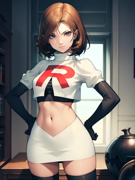 brown hair, short hair, glossy lips, eye shadow ,team rocket uniform, red letter r, white skirt,white crop top,black thigh-high ...