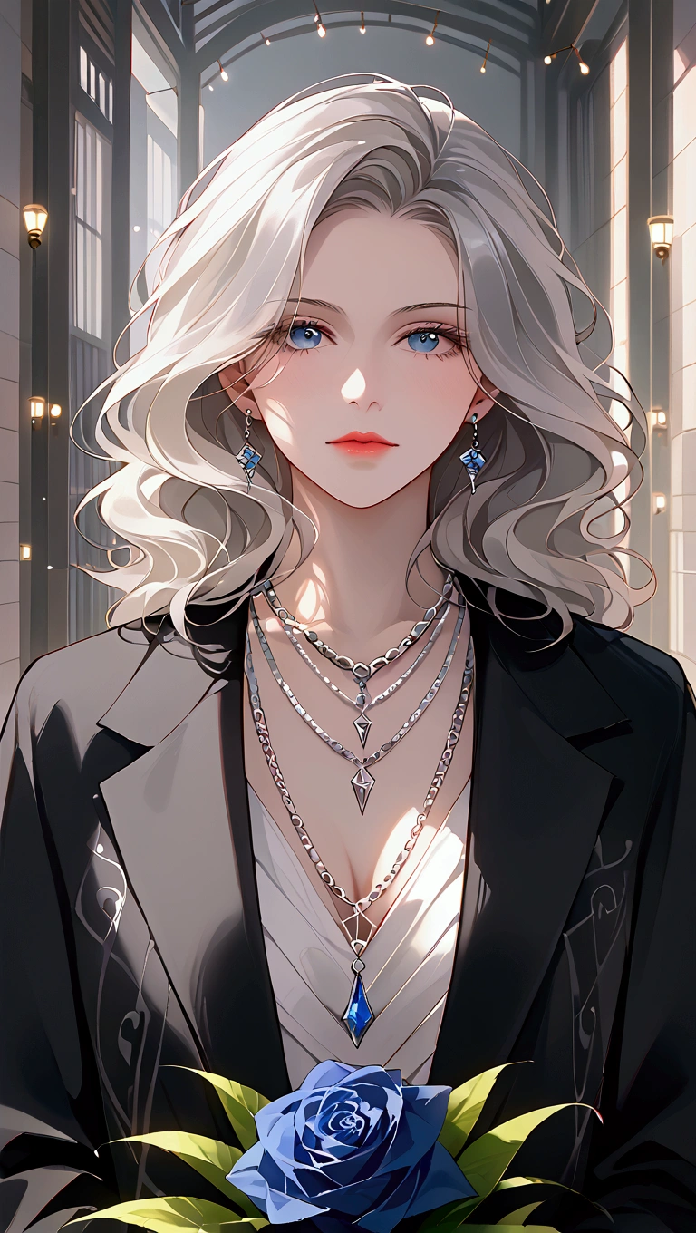 ptn,close-up,platinum blonde wavy hair, black jacket with intricate patterns, silver chain necklaces, holding a bouquet of blue roses, relaxed pose, looking to the side, indoor urban background with buildings and lights, soft ambient lighting, mysterious and refined atmosphere, front view, close-up shot, well-balanced exposure