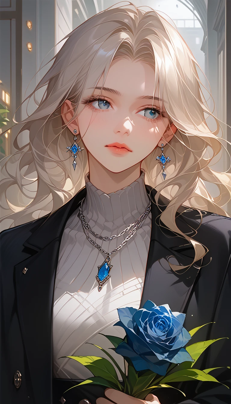 ptn,ptn,official art,game cg,(1girl:1.3),solo,__body-parts__, official art, 8k unit wallpaper, ultra detailed, close-up on face, beautiful and aesthetic, gorgeous, masterpiece, best quality,,close-up,platinum blonde wavy hair, black jacket with intricate patterns, silver chain necklaces, holding a bouquet of blue roses, relaxed pose, looking to the side, indoor urban background with buildings and lights, soft ambient lighting, mysterious and refined atmosphere, front view, close-up shot, well-balanced exposure