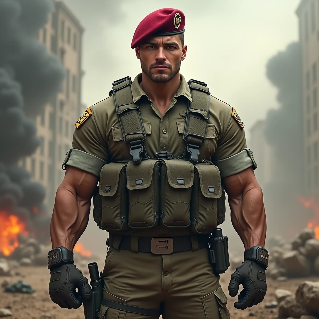 A very handsome big muscular man wearing a soldier combar uniform, with tactical gloves and paratroopers red beret, rolled up sleeves, showing biceps, background a battlefield