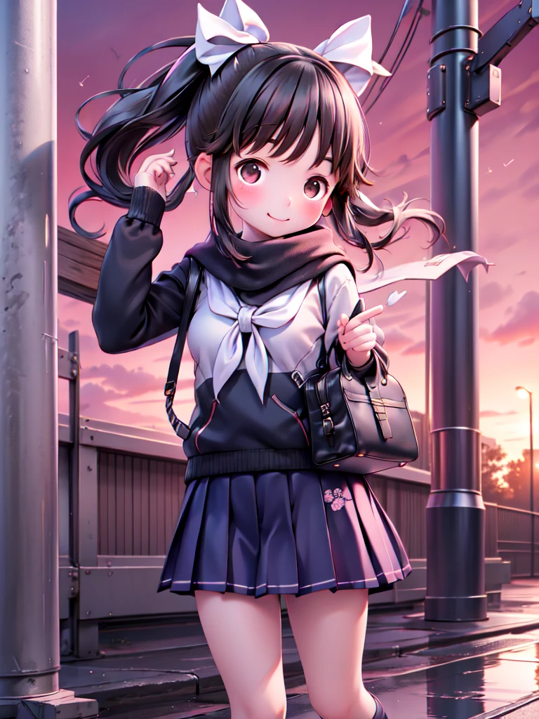 Super Detailed Game CG, (High resolution:1.1),(absurd:1.1), anime, evening、sunset、sunset path、alley、telephone pole、street tree, pretty girl, 1 girl, takane manaka, small breasts, black hair ponytail, red hair ribbon,white sailor suit, navy blue skirt, bangs, wind effect, reflection effect, smile gently、smile、beauty in return、Reddish cheeks、優しいsmile、 beautiful perfect face, droopy eyes、view audience、trot、holding a black school bag、after school、upscale、evening、red sky