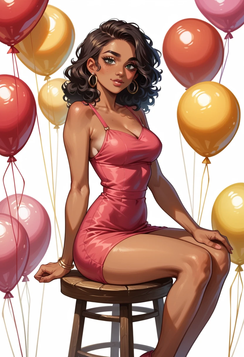 beautiful rich -melanin youthful woman with kink curly black hair sitting on high yellow  bar stool facing the viewer with a white background and various red balloons in the background she wears a short pink dress 