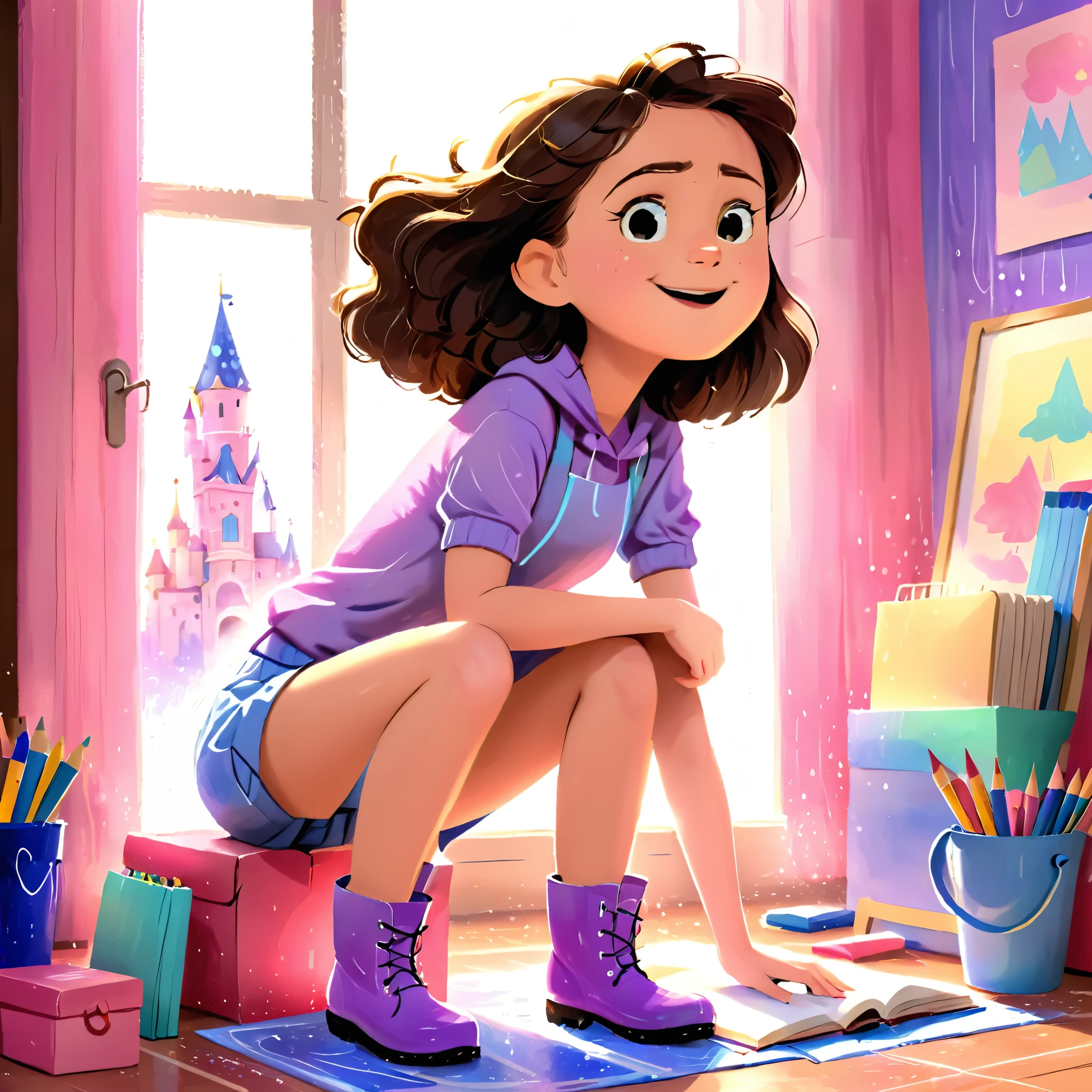 Clara, a  girl with brown wavy hair, drawing with crayons, happy expression, wearing blue rain boots, wearing pink and purple clothes. No background.Detailed face, intricate details, colorful crayons, cozy indoor setting, beautiful lighting, soft pastel colors, warm tones, cinematic composition, award winning illustration, highly detailed, photorealistic, 8k, masterpiece, professional, award winning, cinematic lighting, soft focus, beautiful composition, consistent character. The illustration should be simple and clean. The style of the illustration resembles a classic children's book, combining a Disney cartoon and watercolor illustration but with thick lines outlining the image.