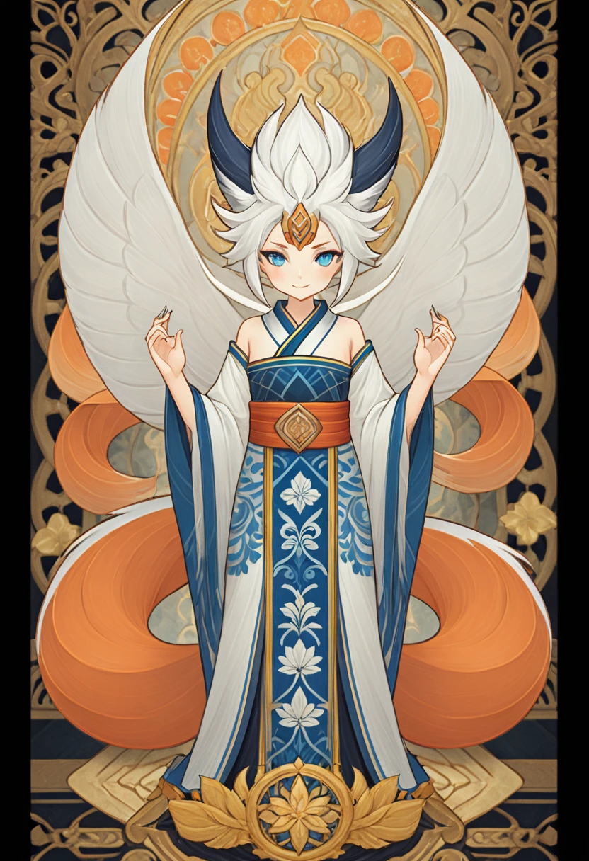 1girll, white fox woman, 9 tails, yukata, blue eyes, fan in the right hand, Full body standing painting, (((solo))), Clear facial features, Simple line design, ((tarot card background, symmetric beauty)), perfectly symmetrical, The art of symmetry, Standing drawings of characters, ((flatcolors)), tmasterpiece，top Quority，best qualtiy，Ultra-high resolution, ((Clear facial features，beautidful eyes，beauitful face, Exquisite facial features))