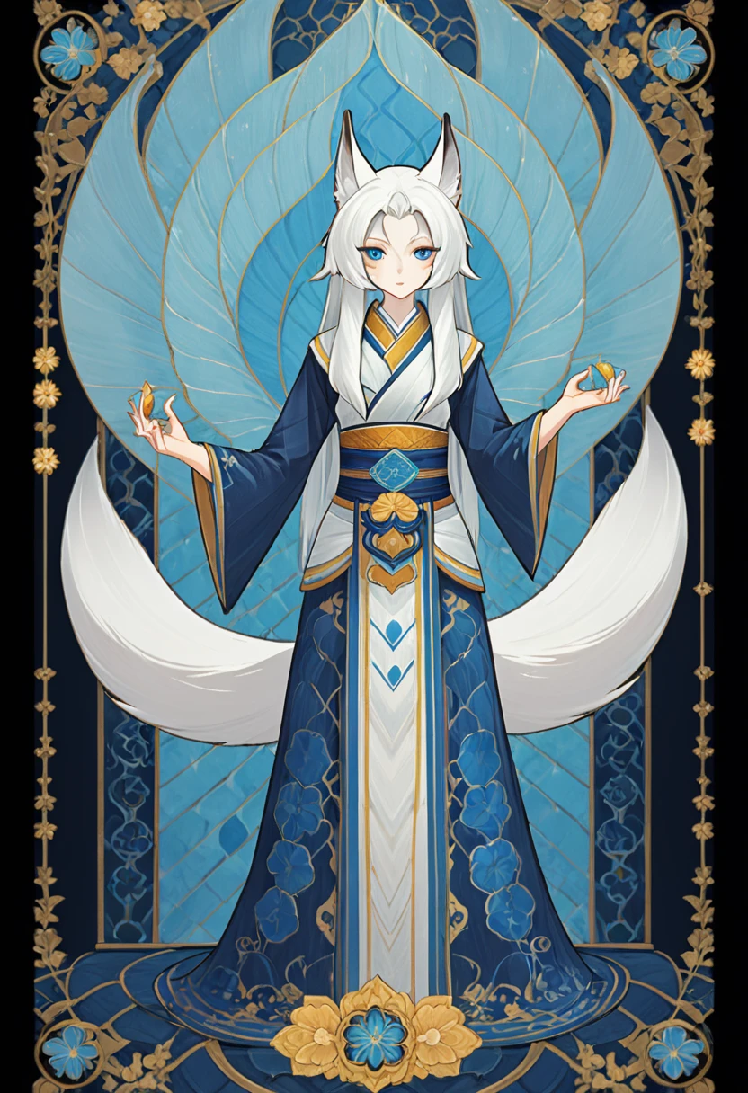 1girll, white fox woman, 9 tails, yukata, blue eyes, fan in the right hand, Full body standing painting, (((solo))), Clear facial features, Simple line design, ((tarot card background, symmetric beauty)), perfectly symmetrical, The art of symmetry, Standing drawings of characters, ((flatcolors)), tmasterpiece，top Quority，best qualtiy，Ultra-high resolution, ((Clear facial features，beautidful eyes，beauitful face, Exquisite facial features))