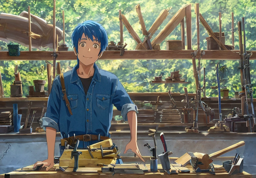 Denim jumpsuit、Bright smile、Carpenter&#39;s workspace、There are lots of carpentry tools、Planing wood with a plane、Drills and saws、Lots of canna shavings