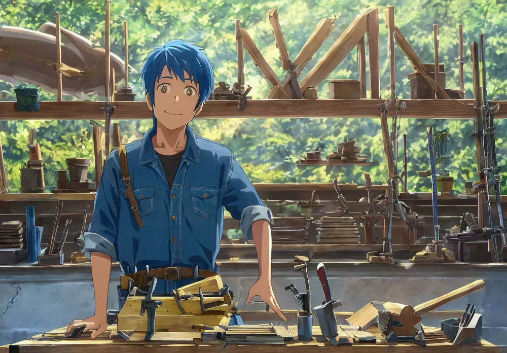 denim jumpsuit、bright smile、carpenter&#39;s workspace、there are lots of carpentry tools、planing wood with a plane、drills and saw...