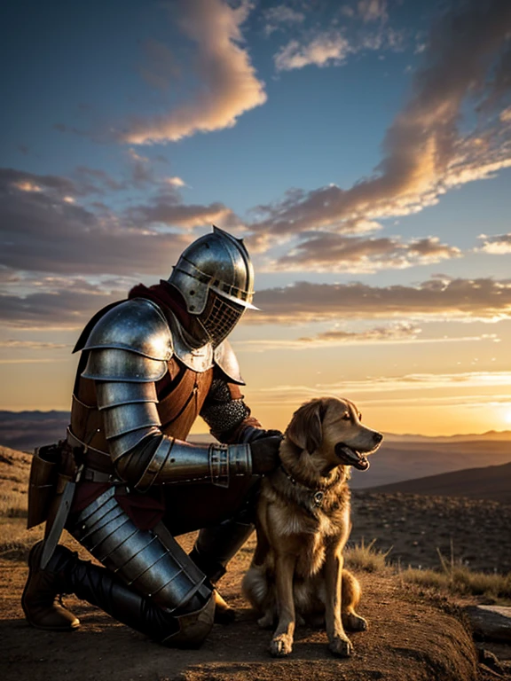 In a vast, desolate wilderness, a lone knight clad in weathered armor kneels beside a loyal dog. The knight's hand, rough from battle, gently strokes the dog's fur as they both rest under the open sky. The knight's expression, softened by the companionship, contrasts with the harsh, rugged landscape around them. The sun sets in the distance, casting a warm glow across the barren land, creating a serene moment between the knight and their trusted canine companion in the solitude of the wild."

This prompt captures a calm, tender scene between a knight and their dog, set against a wild and expansive backdrop.